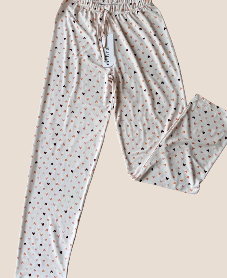 Intive Pembe/Somon Küçük Kalp Desenli Açık Bej Beli Lastikli Milan Pijama Altı Bej - XL