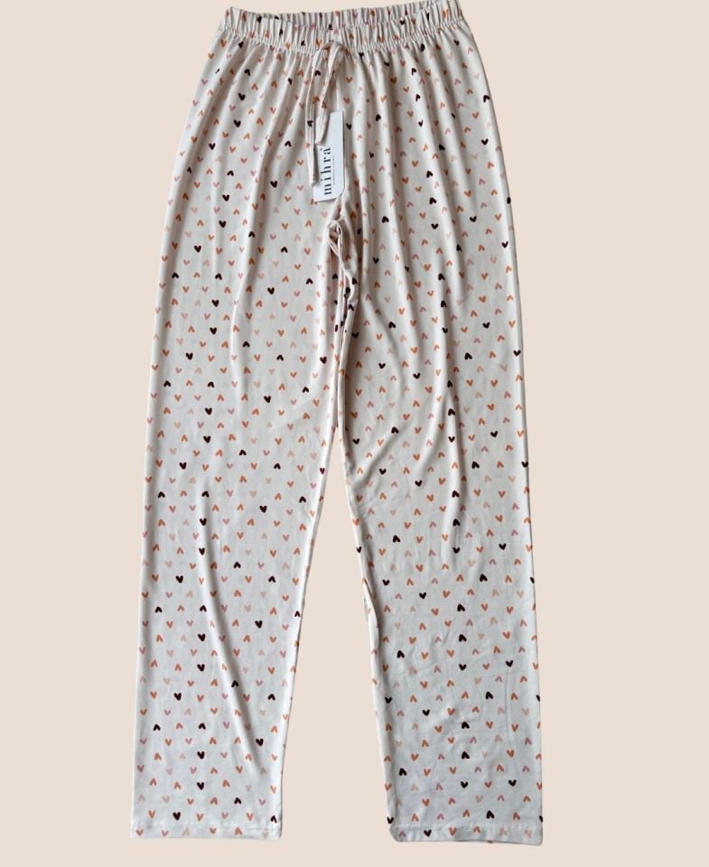 Intive Pembe/Somon Küçük Kalp Desenli Açık Bej Beli Lastikli Milan Pijama Altı