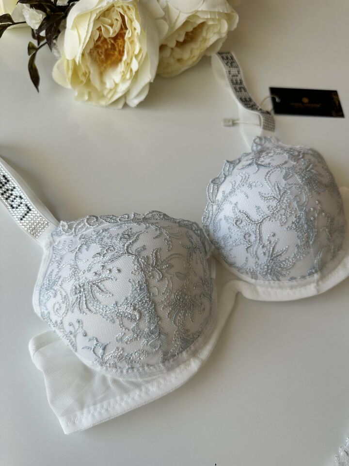 Desenli Push-up Askıları Taşlı Sütyen Takım Mavi - 75B