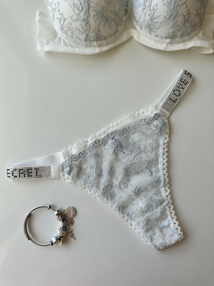 Desenli Push-up Askıları Taşlı Sütyen Takım Mavi - 75B