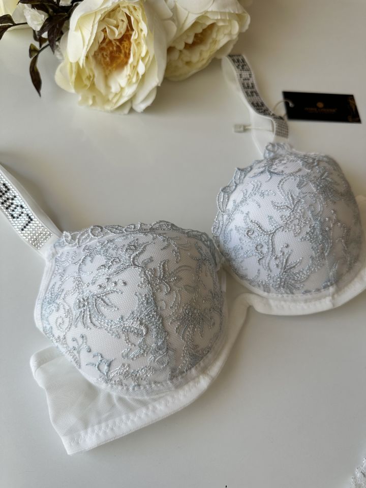 Desenli Push-up Askıları Taşlı Sütyen Takım Mavi - 85B