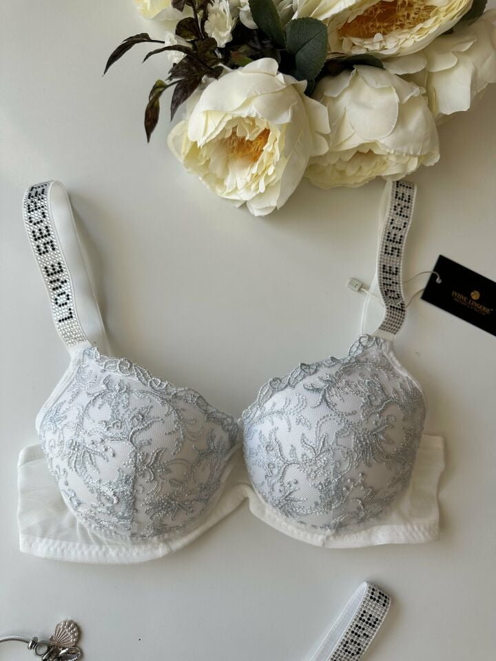 Desenli Push-up Askıları Taşlı Sütyen Takım Mavi - 90B