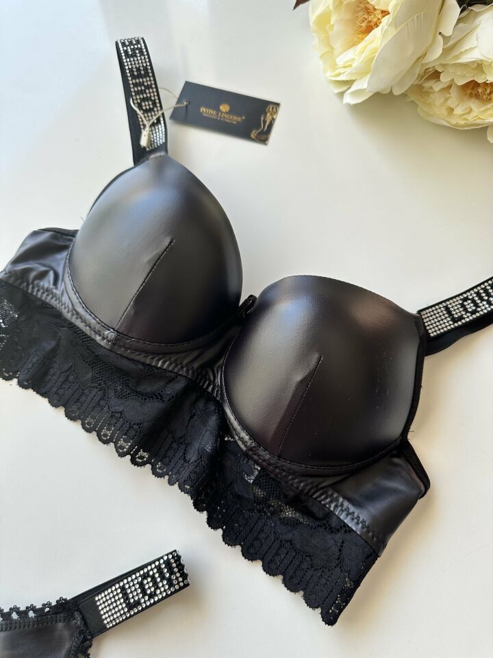 Lateks Deri Askıları Taşlı Push-up Sütyen Takım Siyah - 90B