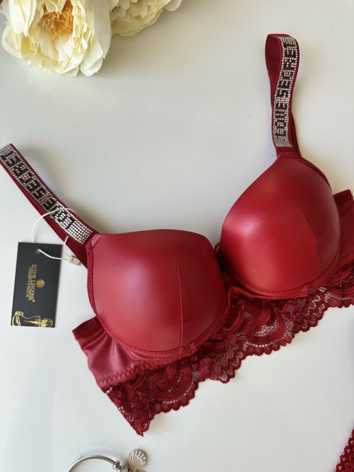 Lateks Deri Askıları Taşlı Push-up Sütyen Takım Kırmızı - 75B