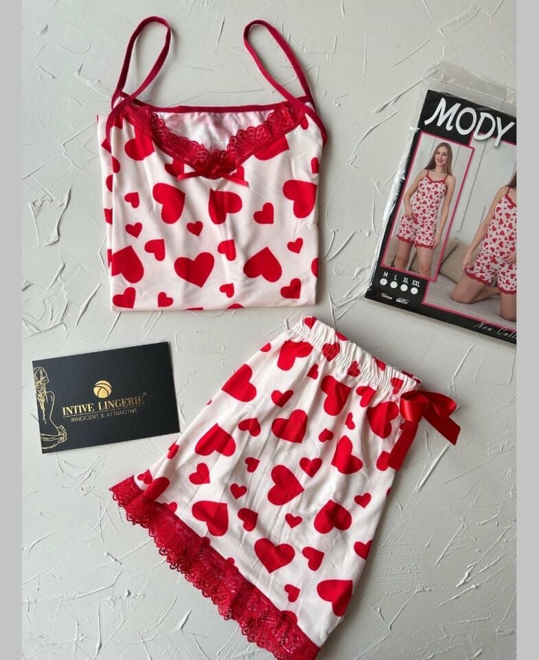 Intive Dantel Detaylı Yumuşacık Kırmızı Beyaz Kalp Desenli Askılı Bluz Şort Pijama Takımı Beyaz/Kırmızı - XL