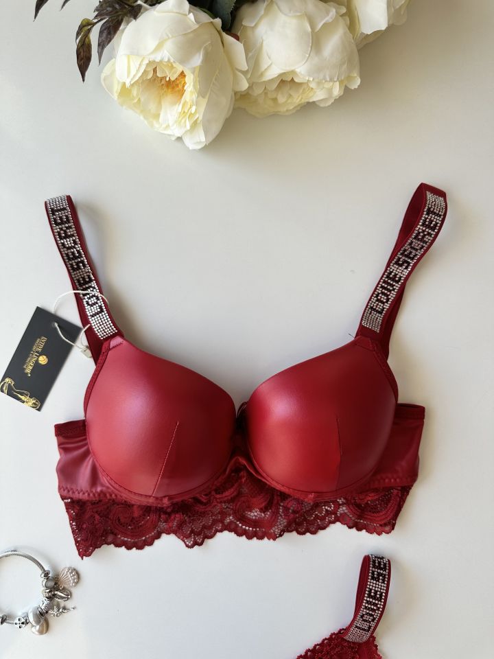 Lateks Deri Askıları Taşlı Push-up Sütyen Takım Kırmızı - 80B