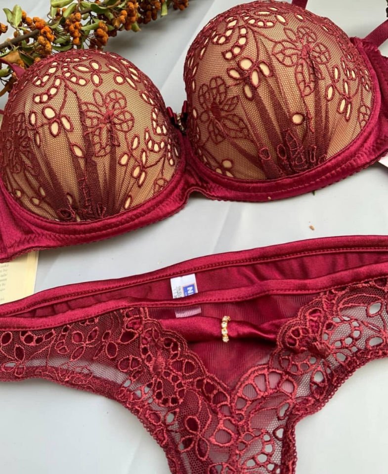 NBB Bordo Dantel Detaylı Destekli Balenli Sütyen Takım -4342 Bordo - 90B