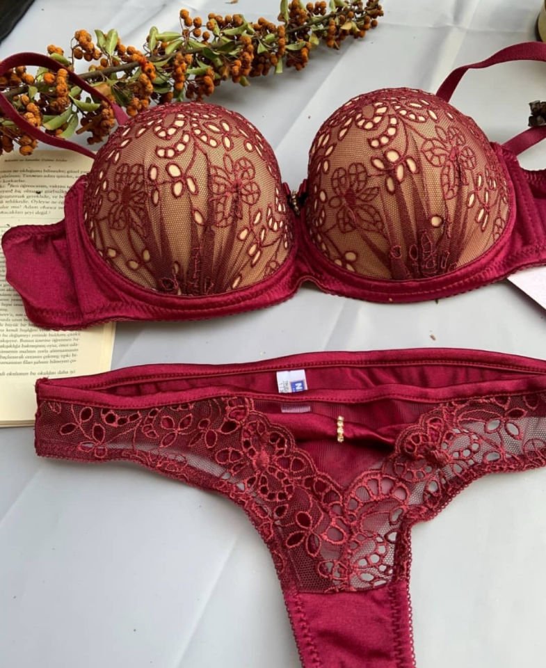 NBB Bordo Dantel Detaylı Destekli Balenli Sütyen Takım -4342 Bordo - 90B
