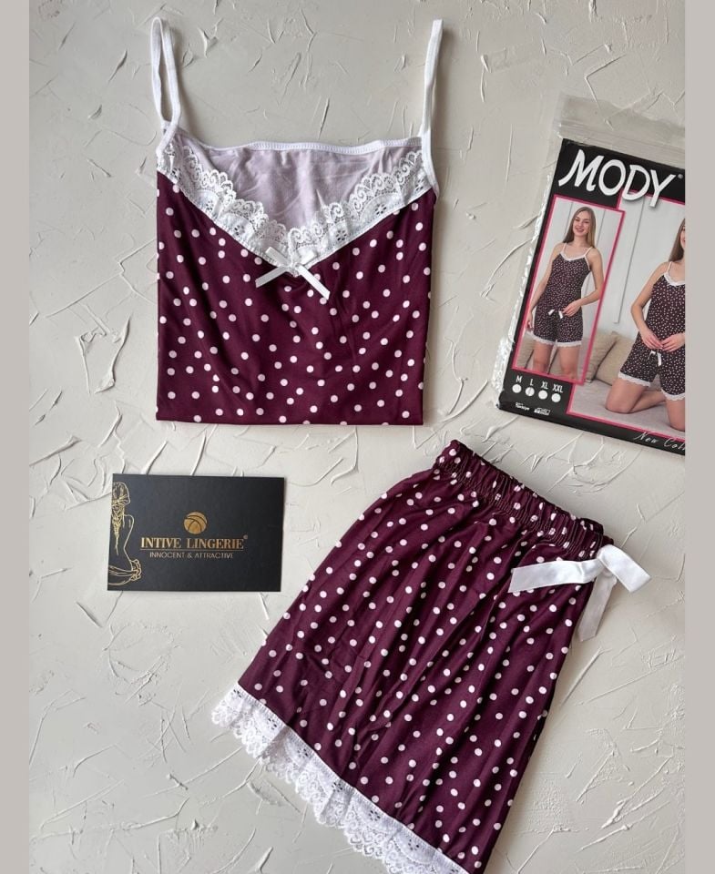 Intive Dantel Detaylı Yumuşacık Mürdüm Puantiye Desenli Askılı Bluz Şort Pijama Takımı Mürdüm - XL