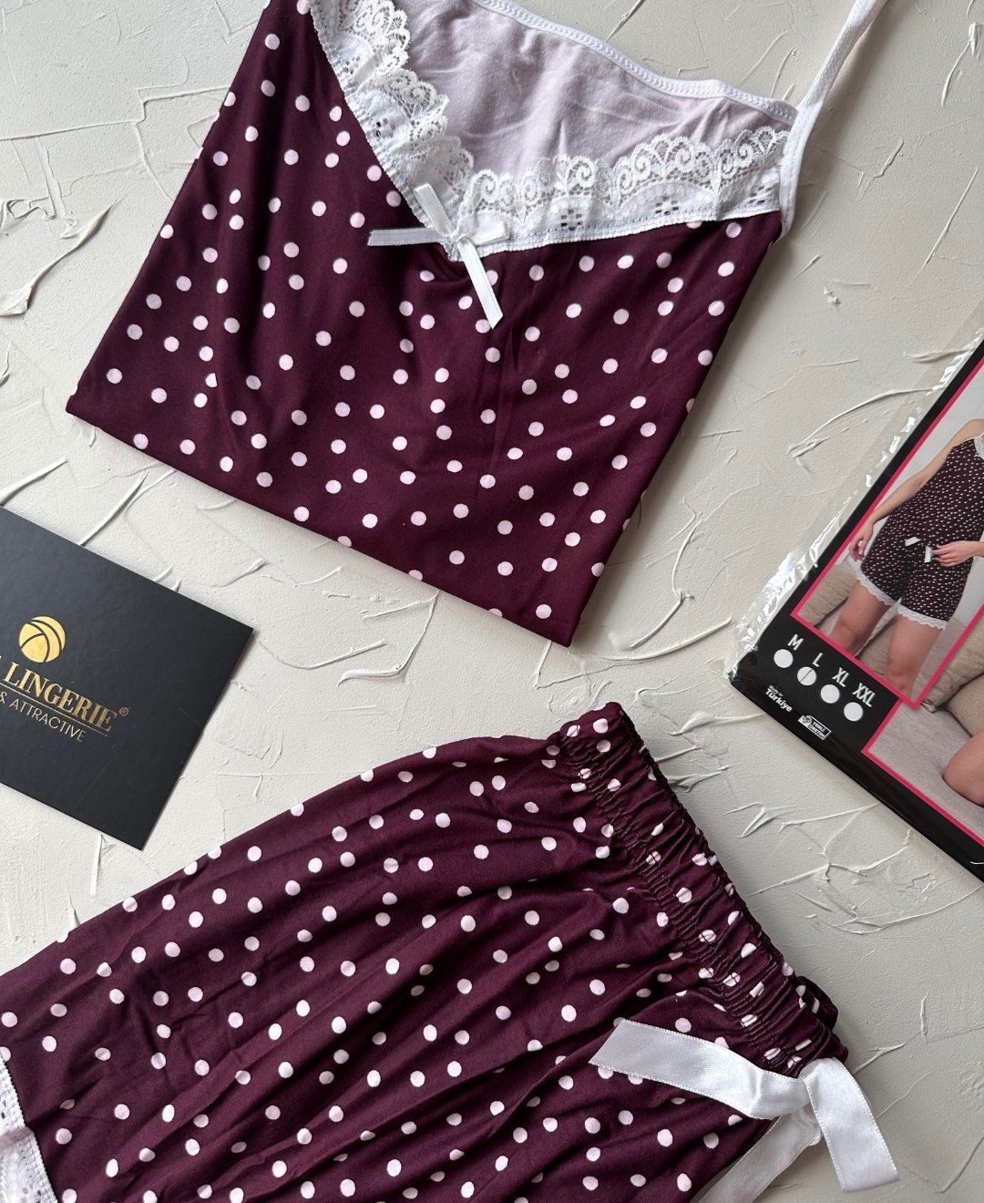 Intive Dantel Detaylı Yumuşacık Mürdüm Puantiye Desenli Askılı Bluz Şort Pijama Takımı Mürdüm - XL