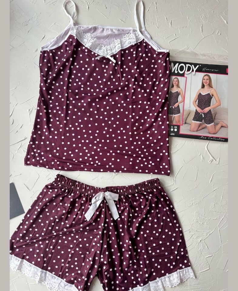 Intive Dantel Detaylı Yumuşacık Mürdüm Puantiye Desenli Askılı Bluz Şort Pijama Takımı Mürdüm - XL