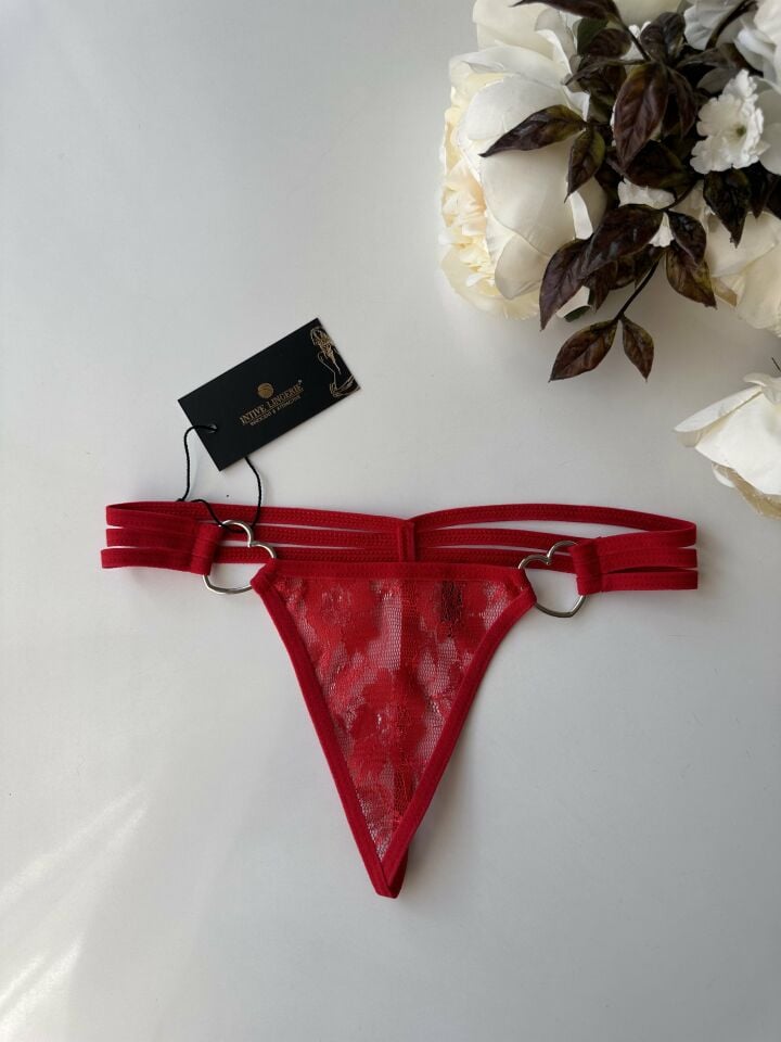 Kadın Transparan Dantelli Kalp Aksesuar Detaylı String (Siyah/Kırmızı) Kırmızı - L/XL