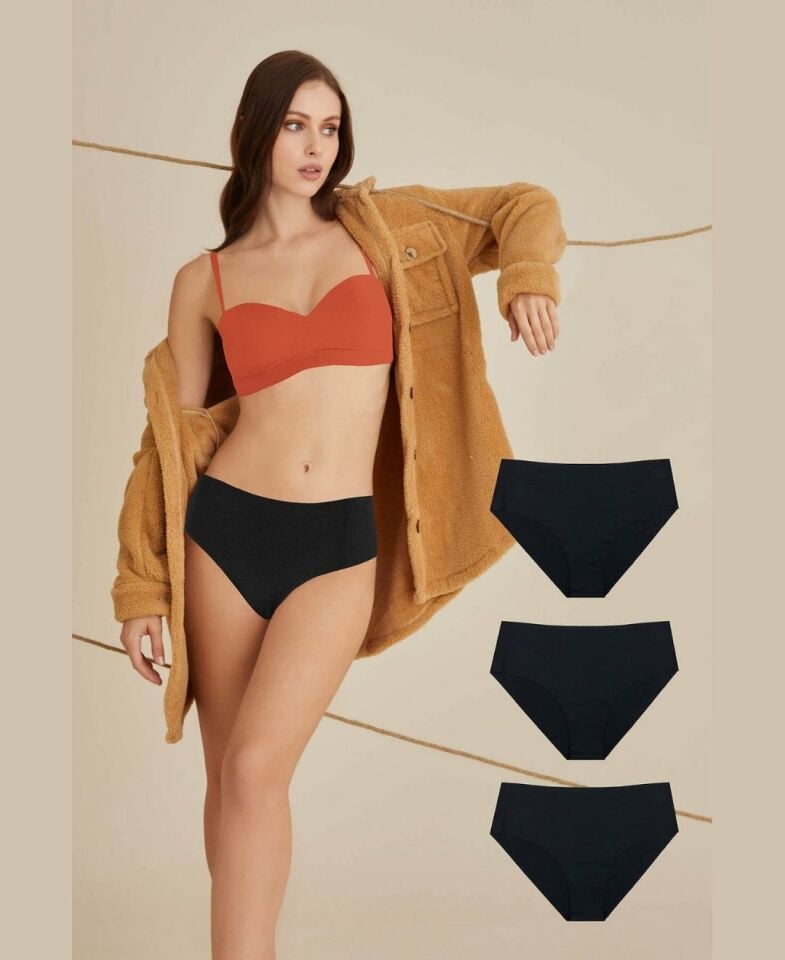 NBB Lazer Kesim Yüksek Bel 3'lü Paket Külot (Bordo, Ten, Siyah, Pudra) Siyah - XL