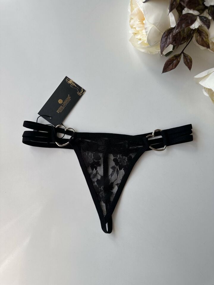 Kadın Transparan Dantelli Kalp Aksesuar Detaylı String (Siyah/Kırmızı) Siyah - S/M