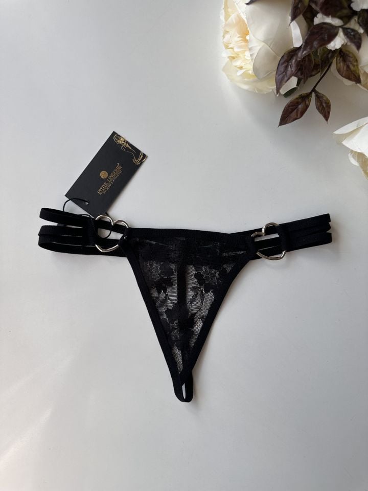 Kadın Transparan Dantelli Kalp Aksesuar Detaylı String (Siyah/Kırmızı) Siyah - L/XL