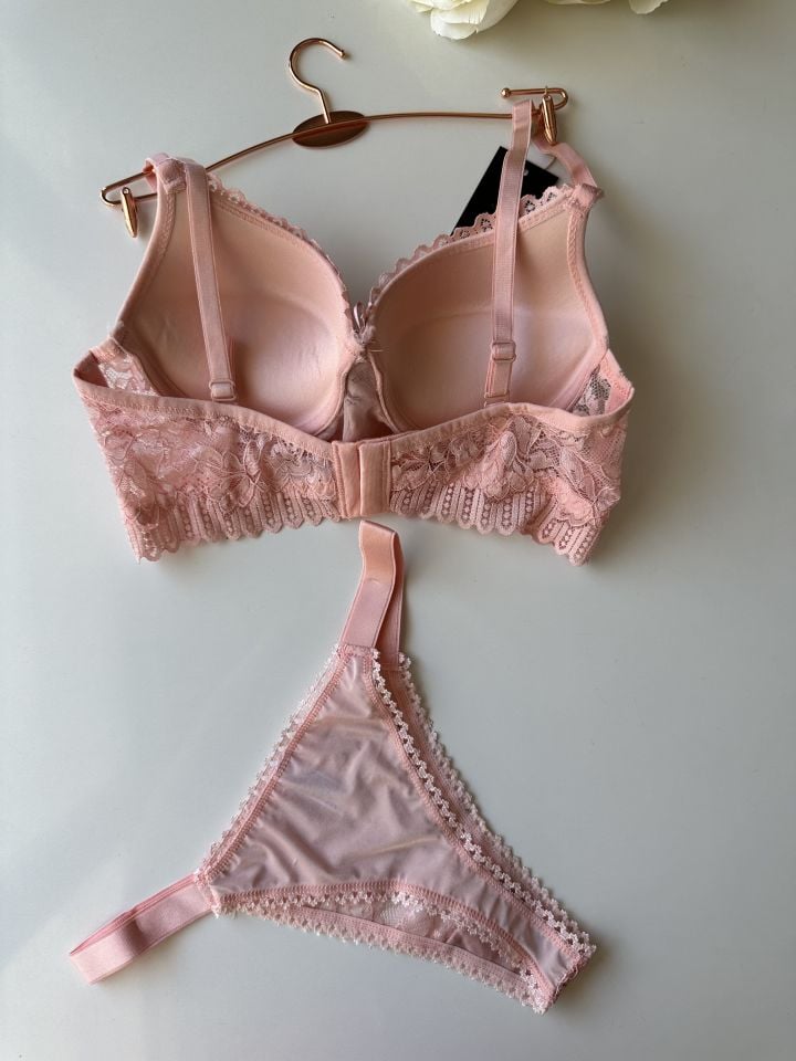 Serpme Parlak Taş Detaylı Yumuşak Dantel Push-up Sütyen Takım Pembe - 80B