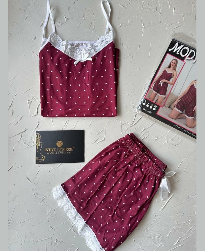 Intive Dantel Detaylı Yumuşacık Bordo Puantiye Desenli Askılı Bluz Şort Pijama Takımı Bordo - XL