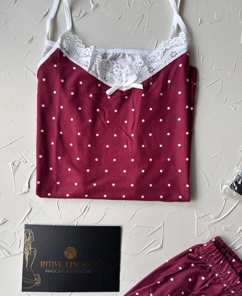 Intive Dantel Detaylı Yumuşacık Bordo Puantiye Desenli Askılı Bluz Şort Pijama Takımı Bordo - XL