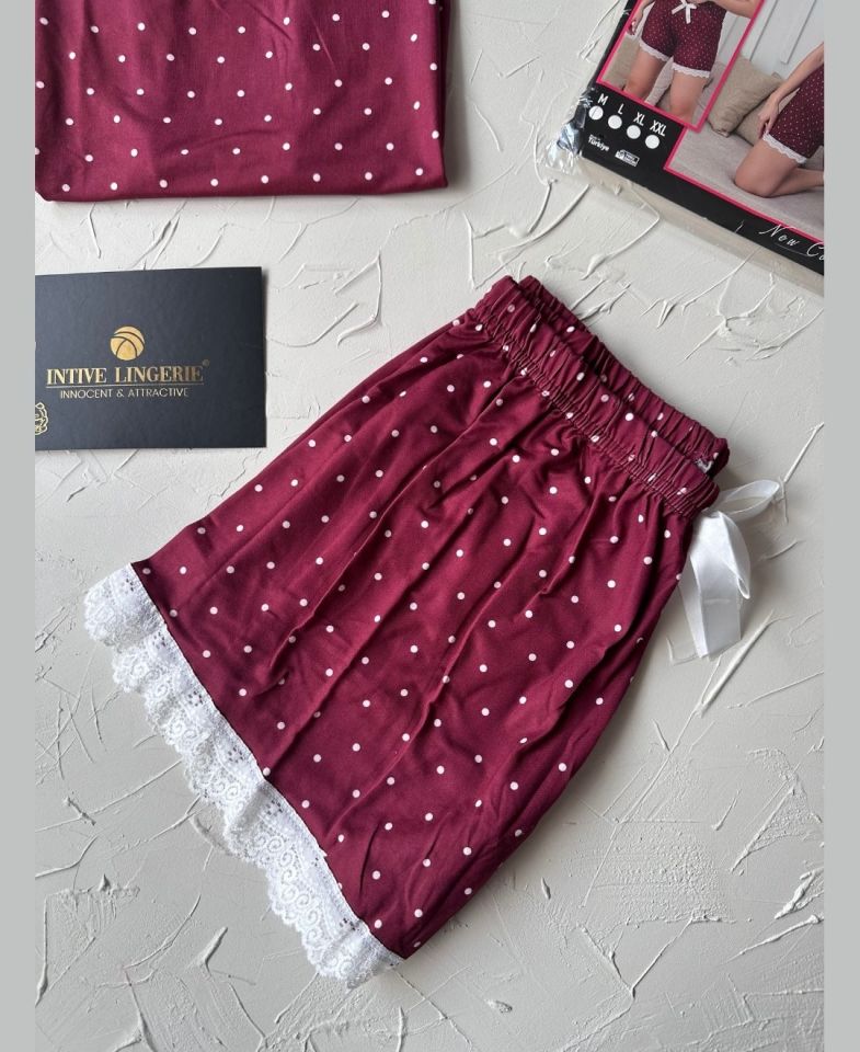 Intive Dantel Detaylı Yumuşacık Bordo Puantiye Desenli Askılı Bluz Şort Pijama Takımı Bordo - XL