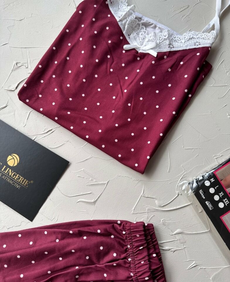 Intive Dantel Detaylı Yumuşacık Bordo Puantiye Desenli Askılı Bluz Şort Pijama Takımı Bordo - XL