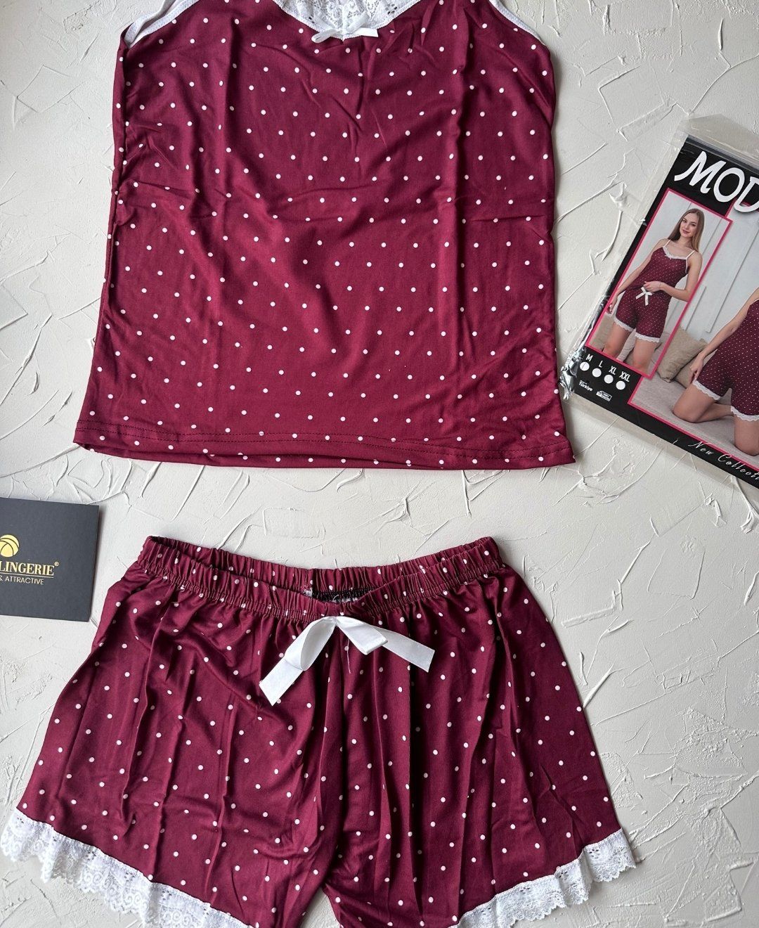 Intive Dantel Detaylı Yumuşacık Bordo Puantiye Desenli Askılı Bluz Şort Pijama Takımı Bordo - XL