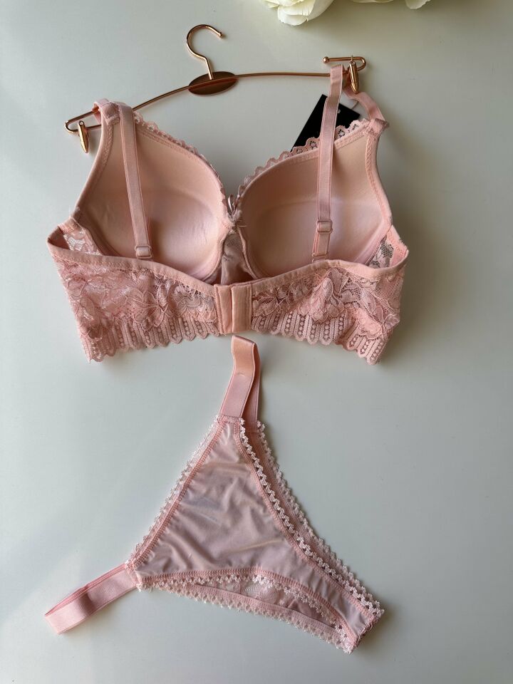 Serpme Parlak Taş Detaylı Yumuşak Dantel Push-up Sütyen Takım Pembe - 85B