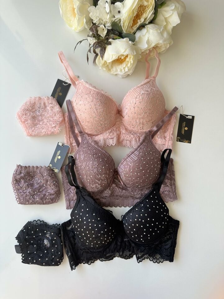 Serpme Parlak Taş Detaylı Yumuşak Dantel Push-up Sütyen Takım Pembe - 90B