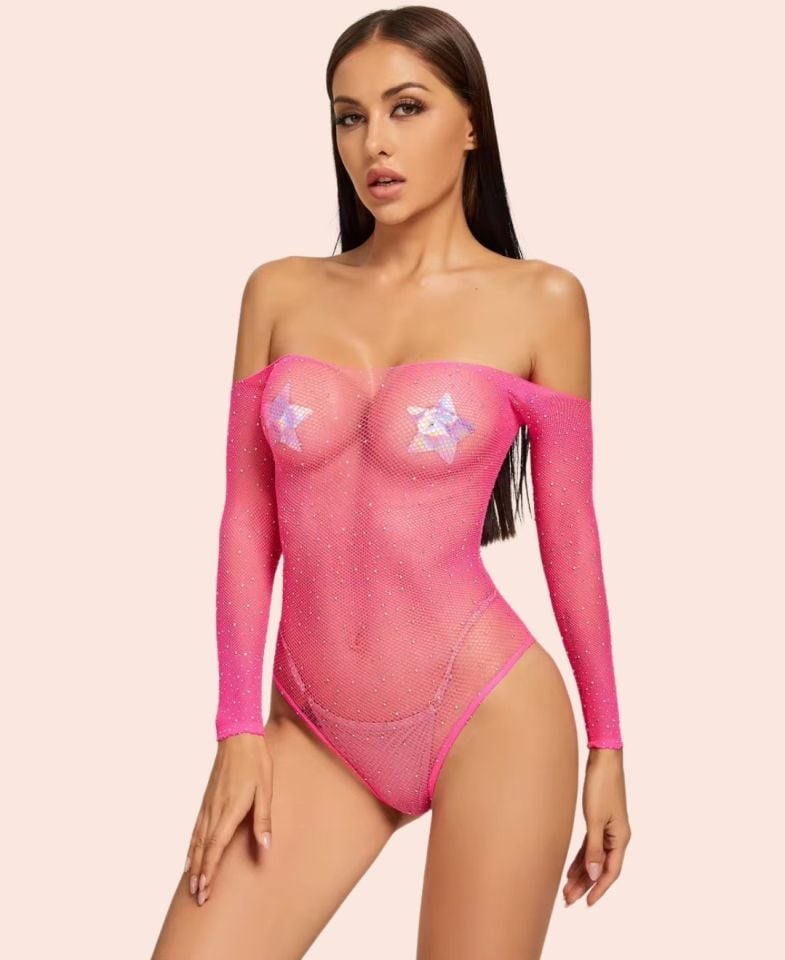 Emery by Intive Taşlı Küçük File Taşlı İthal Bodysuit/Babydoll/Gecelik -5540 Pembe - Standart
