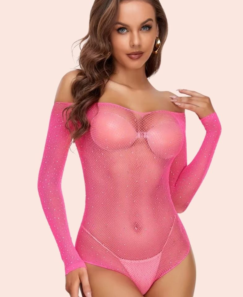Emery by Intive Taşlı Küçük File Taşlı İthal Bodysuit/Babydoll/Gecelik -5540 Pembe - Standart