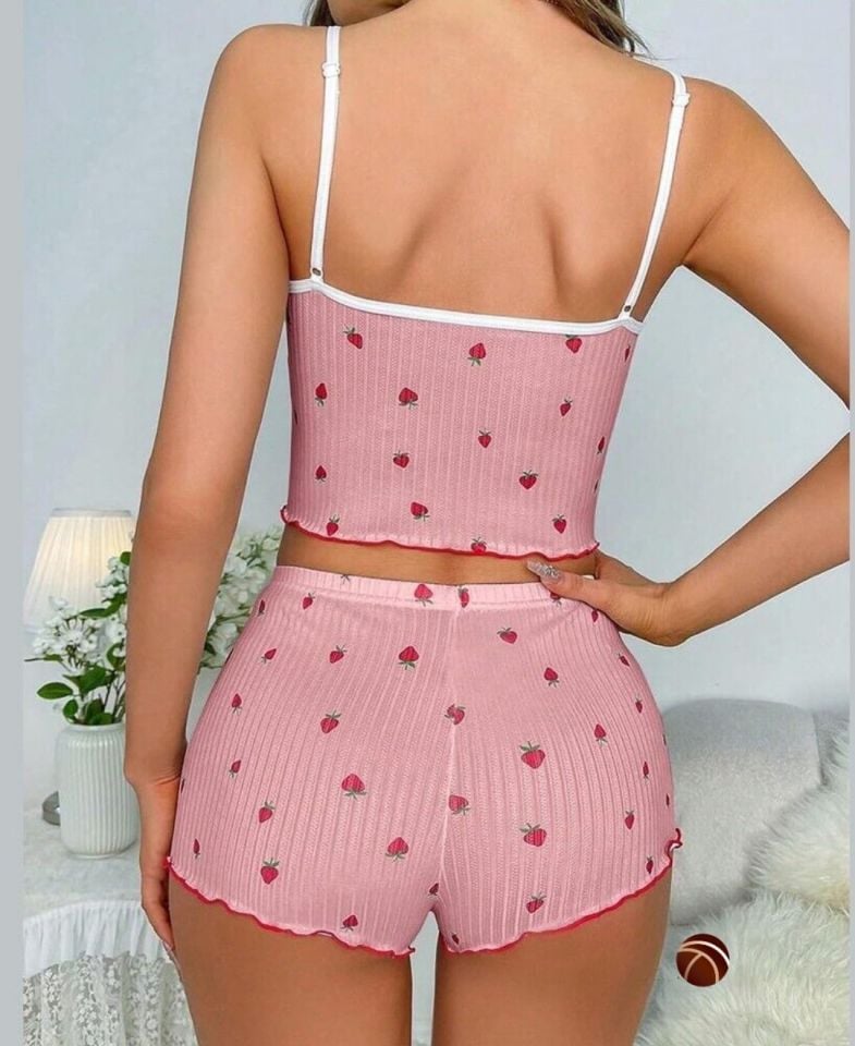 Lily Pembe Çilek Desenli Dantelli Vintage %100 Pamuk İnce Askılı Büstiyer Şort Takım Pembe - S/M