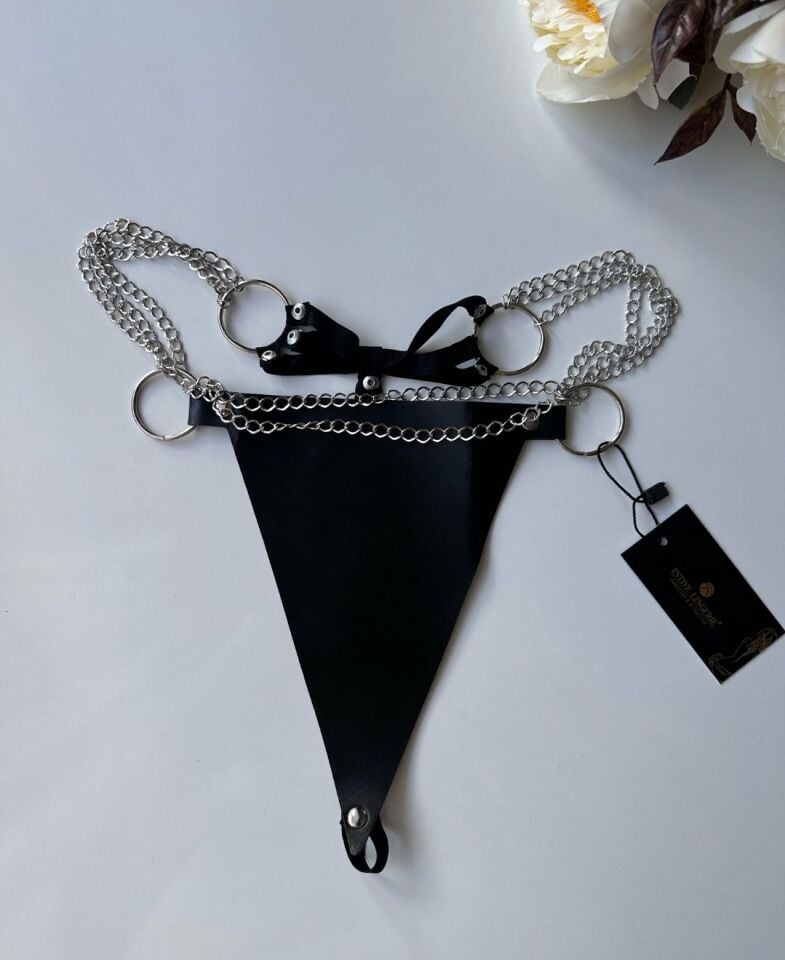 Kadın Suni Deri Halka ve Zincir Detaylı G-String - 165 S/M
