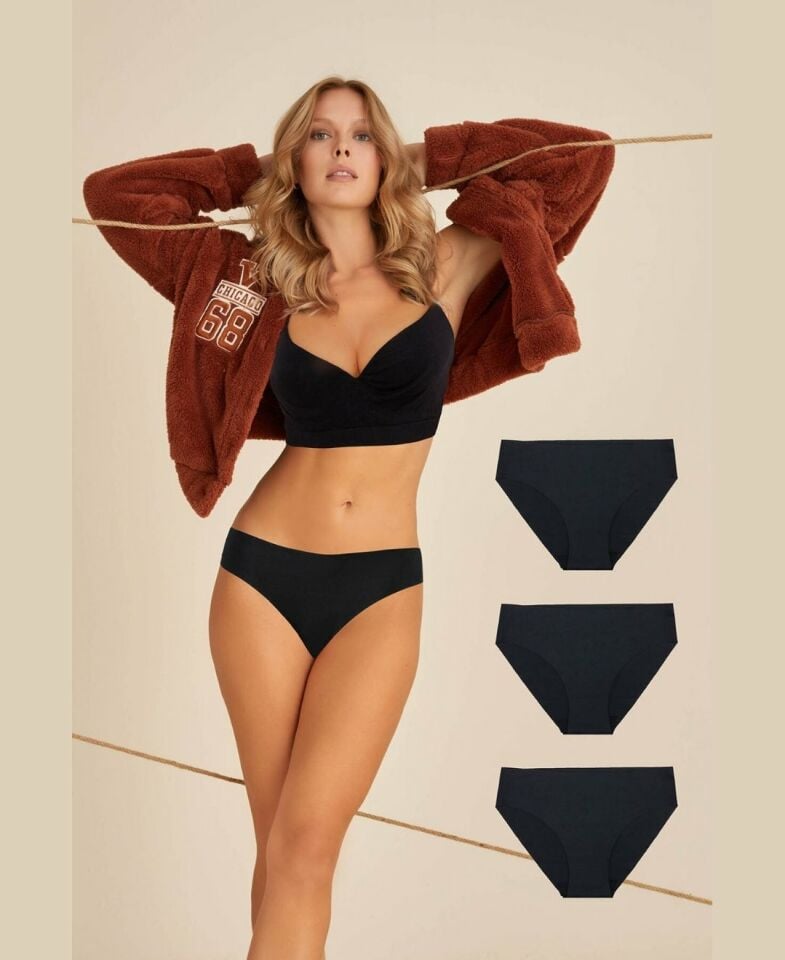 NBB Lazer Kesim Normal Bel 3'lü Paket Külot (Bordo, Ten, Siyah, Pudra) Siyah - XL