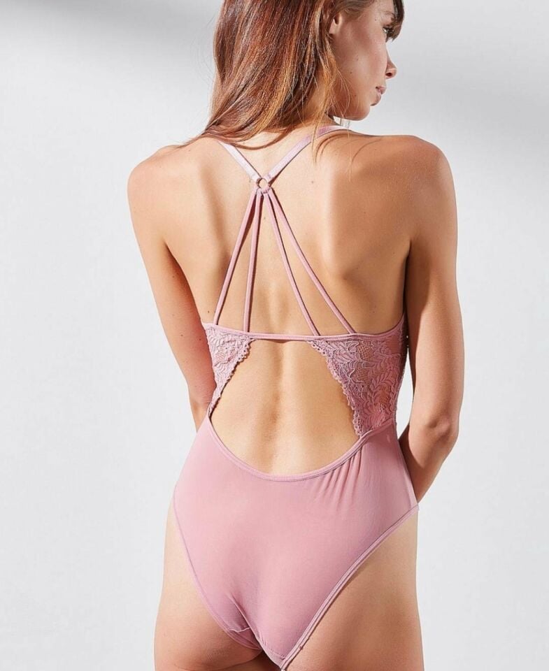 Intive Kadın Dahlia Pudra Dantelli Sırt Detaylı Tasarım Bodysuit Pudra  - L/XL