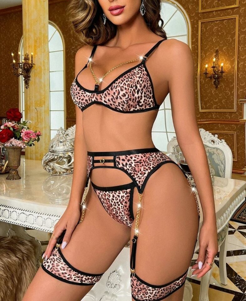 Kadın Leopar Zincir Detaylı Seksi Jartiyer Takım L