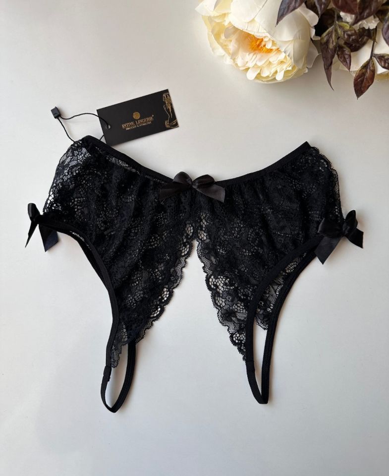 Kadın Dantelli Kurdele Detaylı Özel Bölgesi Açık Fantezi String -113 L/XL