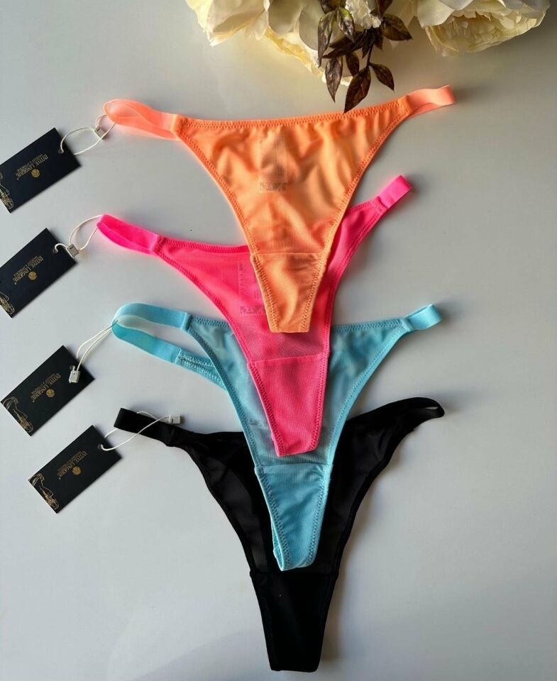 Eloise Kadın Şeffaf Tül Kumaşlı Esnek Üstün Kalite Tanga (Pembe, Siyah, Mavi, Turuncu) Siyah - L