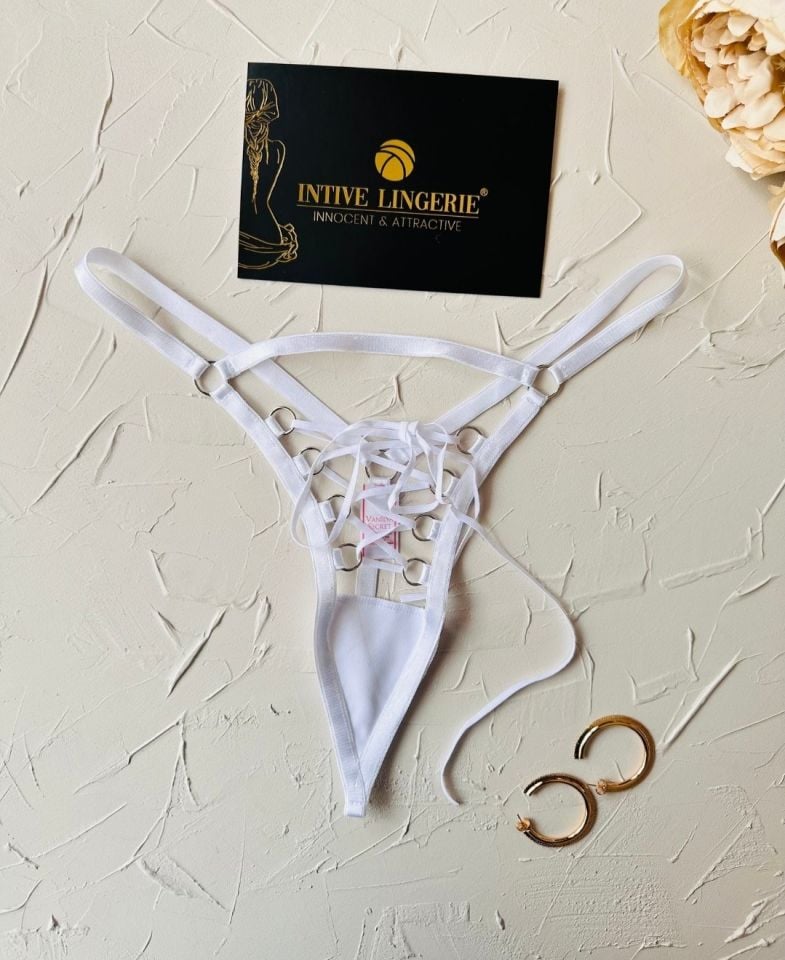 Amelie Önü Açık Bağlama Detaylı Kaliteli Fantasy G-String (Kırmızı-Beyaz-Siyah) Beyaz - Standart