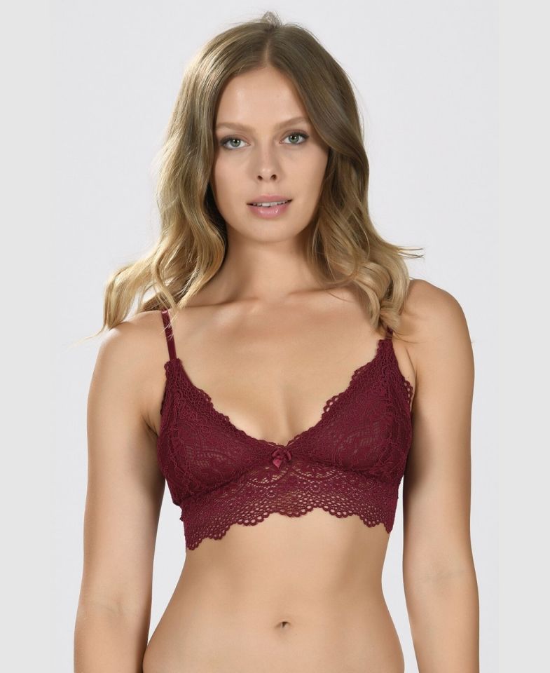 Dantelli Kaplı Balensiz Ayarlanabilir Askılı Üçgen Kesim Transparan Bralet (Lacivert, Ekru, Bordo) Bordo - 80B
