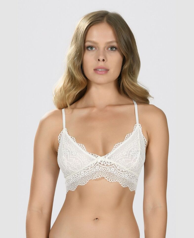 Dantelli Kaplı Balensiz Ayarlanabilir Askılı Üçgen Kesim Transparan Bralet (Lacivert, Ekru, Bordo) Ekru - 75B