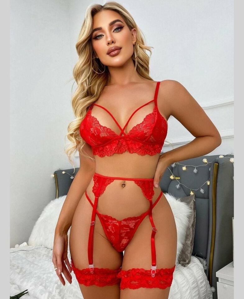 Beleng Kırmızı Dantelli Balensiz İnce Askılı Zarif Bacak Aksesuarlı Jartiyer Takım-6644 Kırmızı - L/XL
