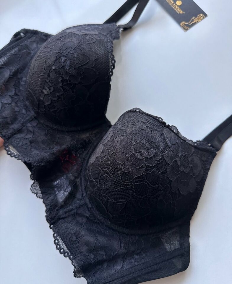 Siyah Dantelli Balenli Kaplı Korse Günlük Kullanım Dolgusuz Sütyen 90B