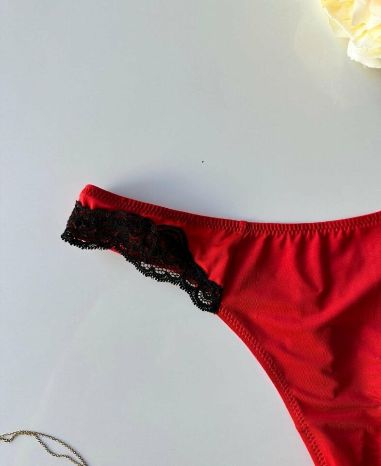 Siyah Dantel Detaylı Üstün Kalite Kırmızı Tanga Kırmızı - L
