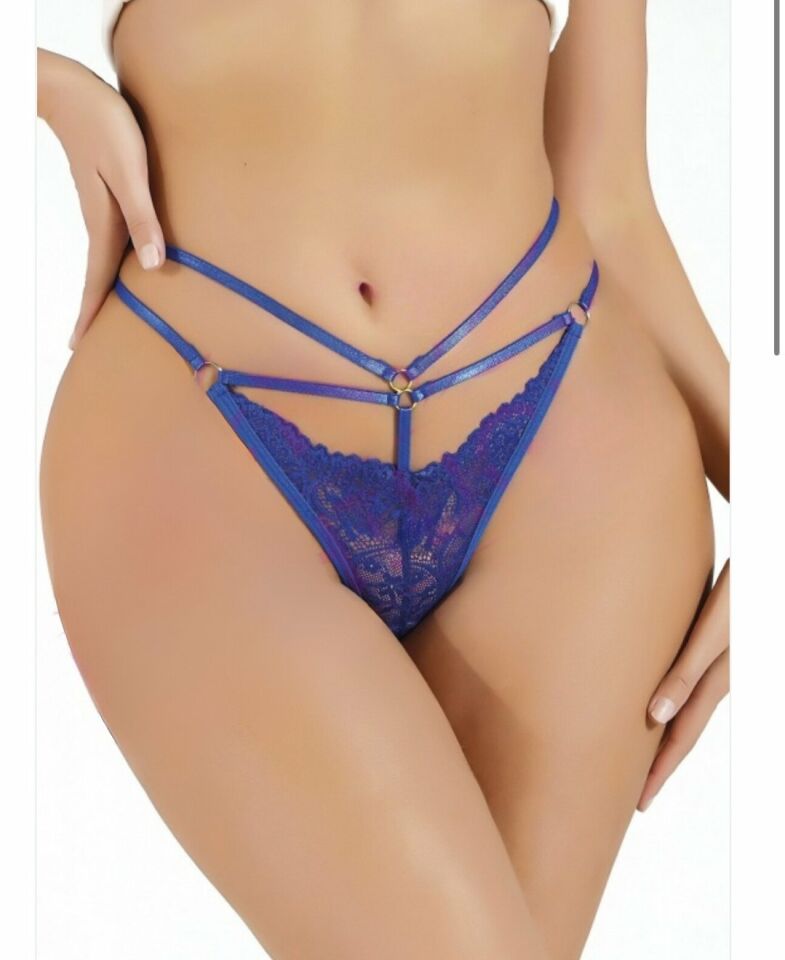Arkası Kurdele Detaylı Dantelli Önü Şeritli Tanga - 9107 Lacivert - L/XL