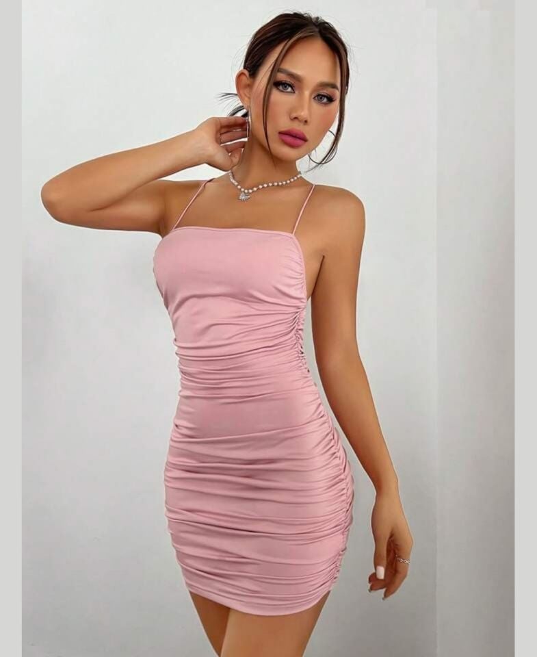 Beleng Kare Yaka Sırt Dekolteli Drapeli Mini Gecelik/Babydoll -Pudra/Siyah Pudra  - L/XL