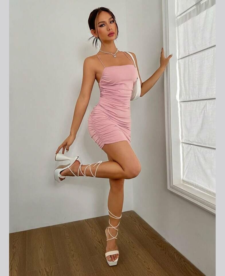 Beleng Kare Yaka Sırt Dekolteli Drapeli Mini Gecelik/Babydoll -Pudra/Siyah Pudra  - L/XL