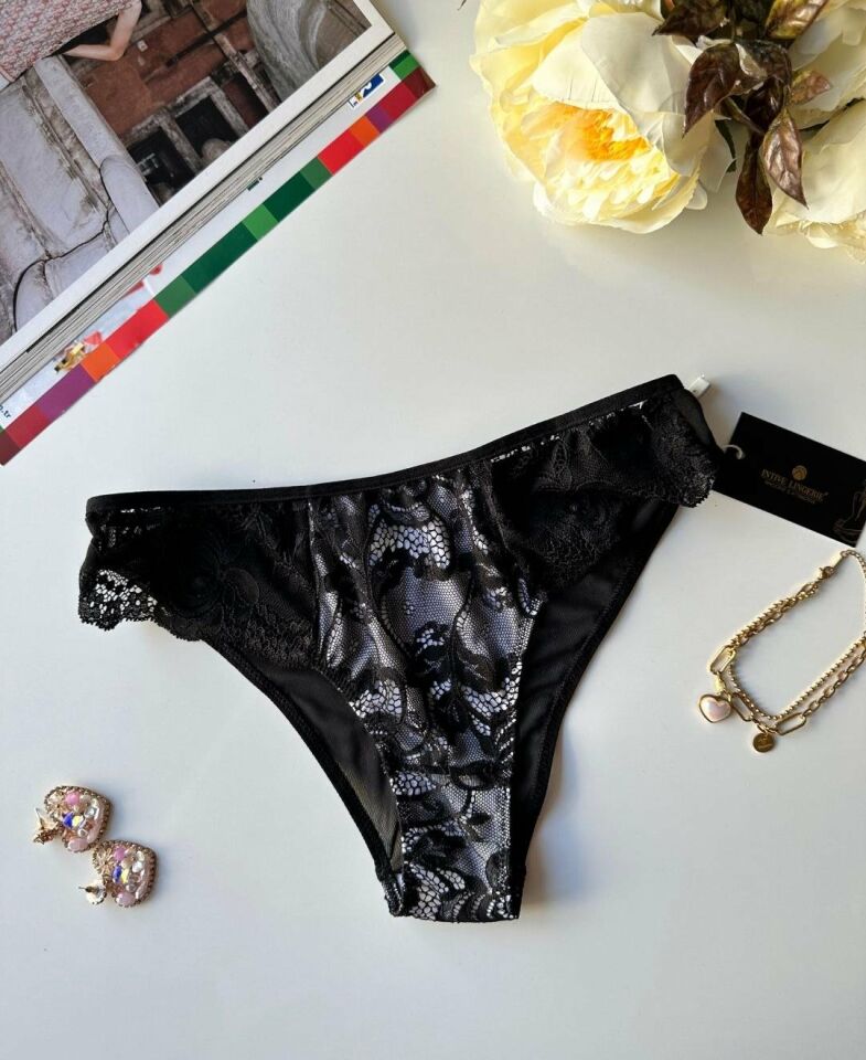 Siyah Dantelli Beyaz Kumaş Detaylı Arkası Transparan Slip Siyah - XXL