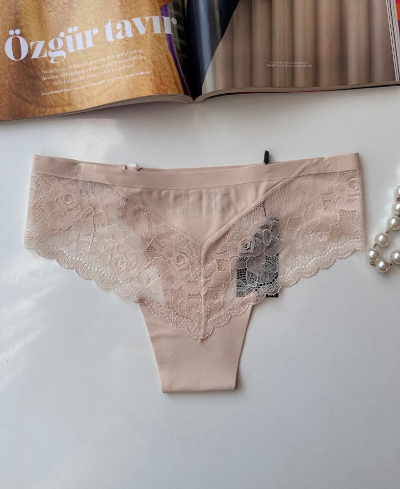 Orijinal Lazer Kesim Üstün Kalite Spandex Invisible Dikişsiz Dantelli Slip/Tanga - 2800 Bej - S