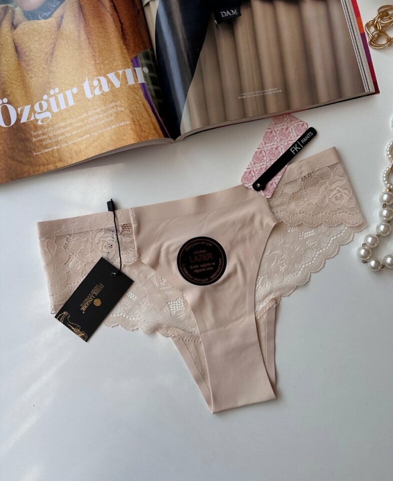 Orijinal Lazer Kesim Üstün Kalite Spandex Invisible Dikişsiz Dantelli Slip/Tanga - 2800 Bej - L