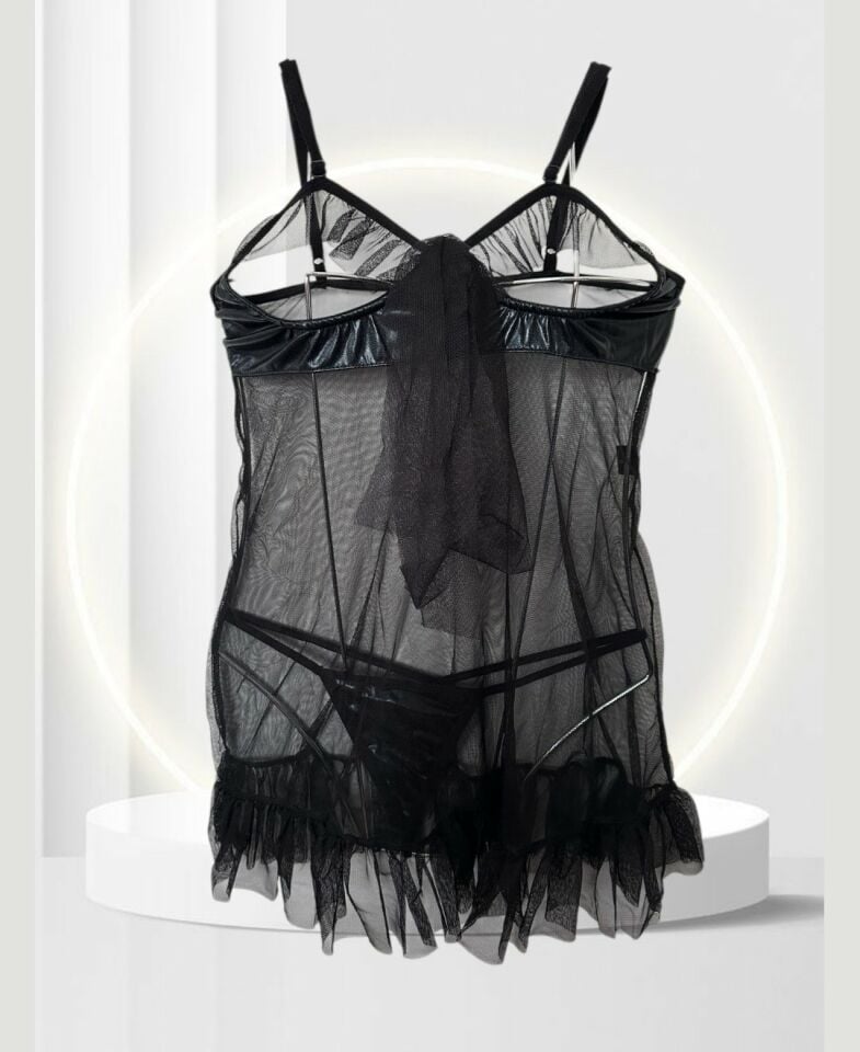 Kadın Boyundan Bağlama Detaylı Siyah Transparan Göğsü Açık Fantasy Gecelik/Babydoll Siyah - S