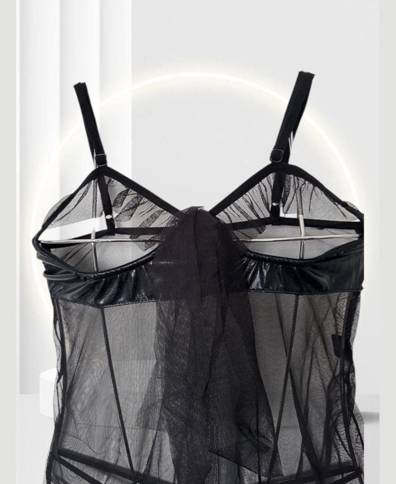 Kadın Boyundan Bağlama Detaylı Siyah Transparan Göğsü Açık Fantasy Gecelik/Babydoll Siyah - S